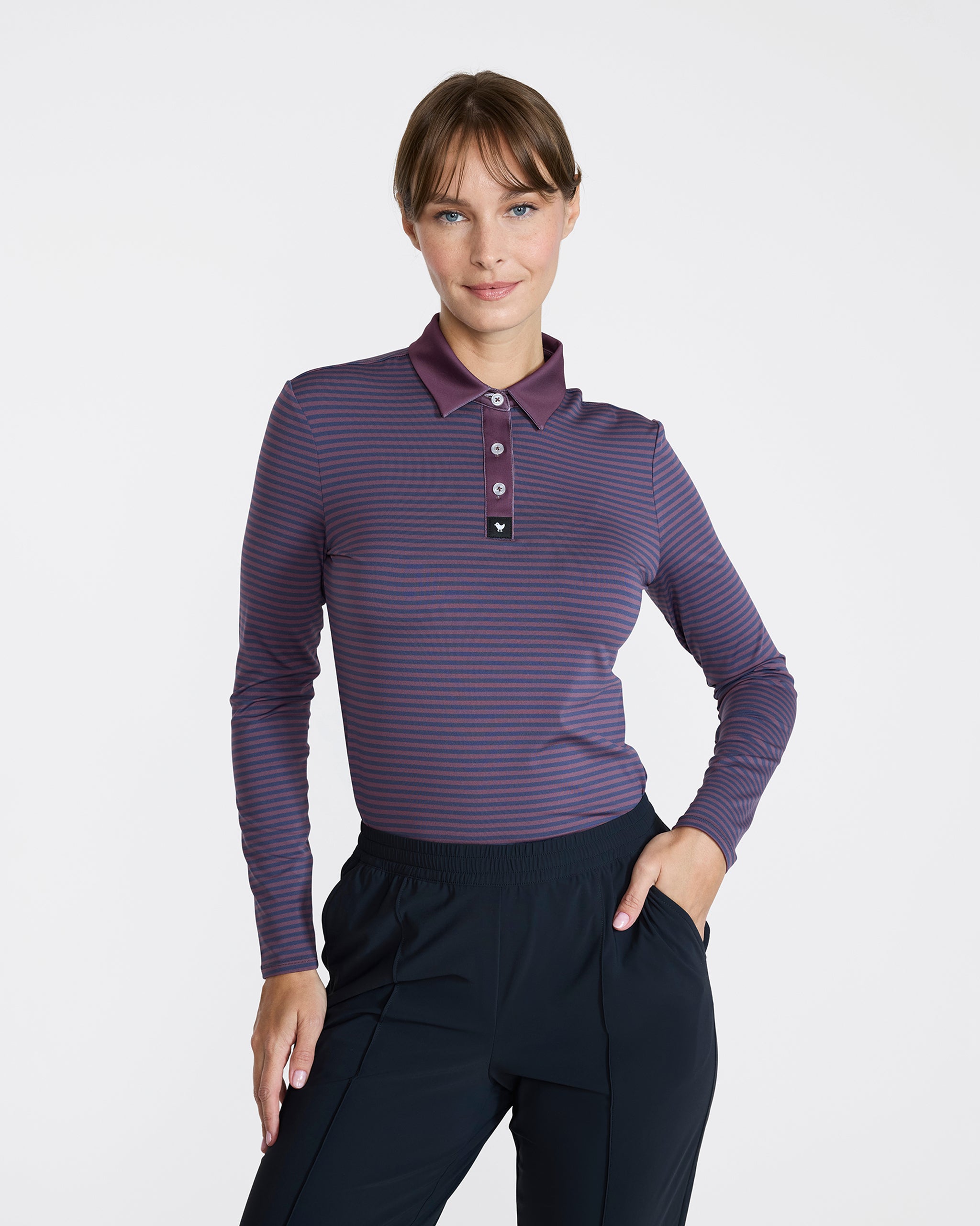 Double Stripe - Plum Wine Long Sleeve-Women's Polo-Bad Birdie